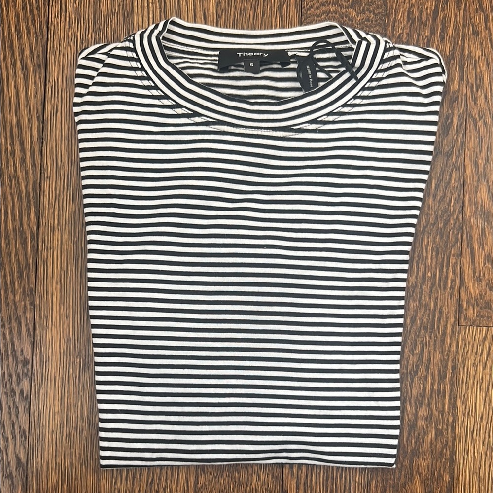 Theory Black and White Striped Crew Tee
